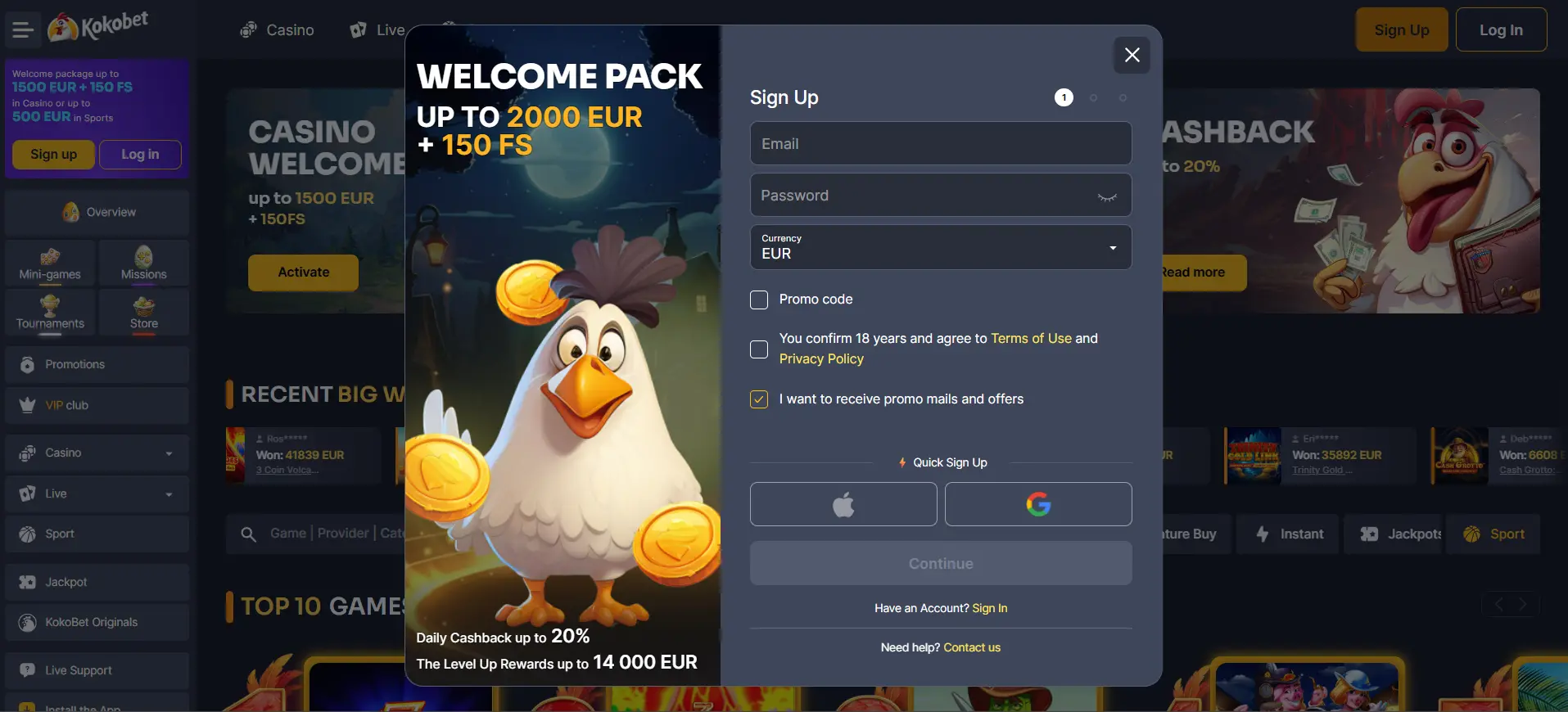 Registreren en inloggen bij Kokobet casino